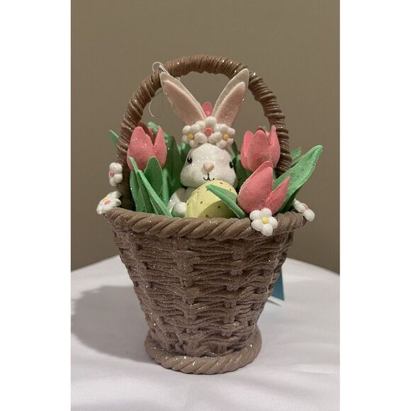 Martha Stewart Easter Claydough Bunny in‎ Bouquet Basket Pink Tulips Flowers - Picture 1 of 5